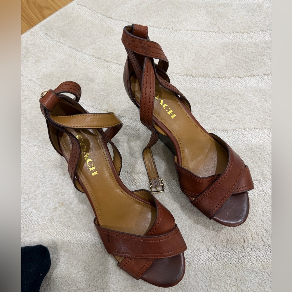COACH Chestnut Brown Leather Crisscross Ankle Strap Heels